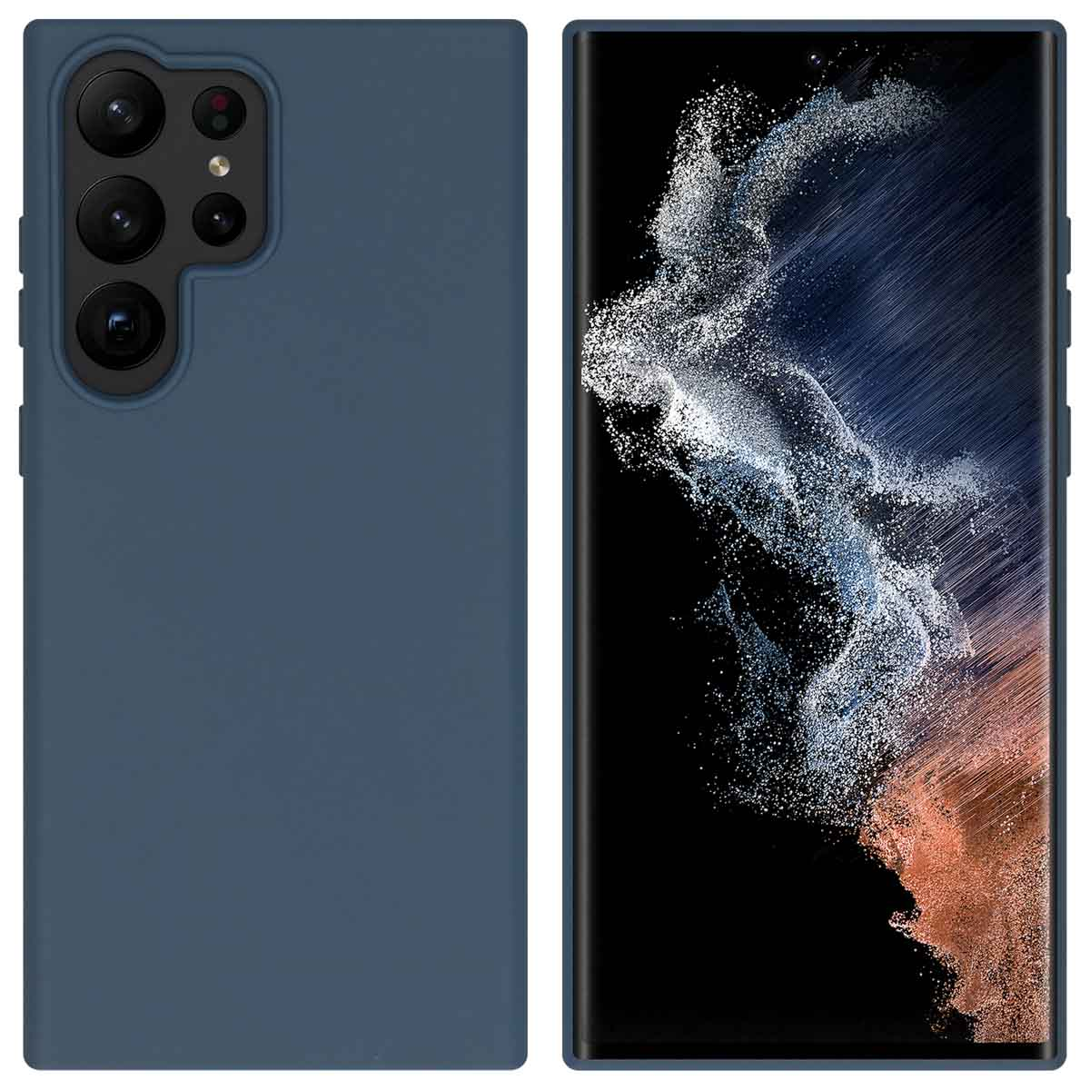 Een marineblauwe telefoonhoes en een telefoon met een scherm. De hoes zit op de achterkant.