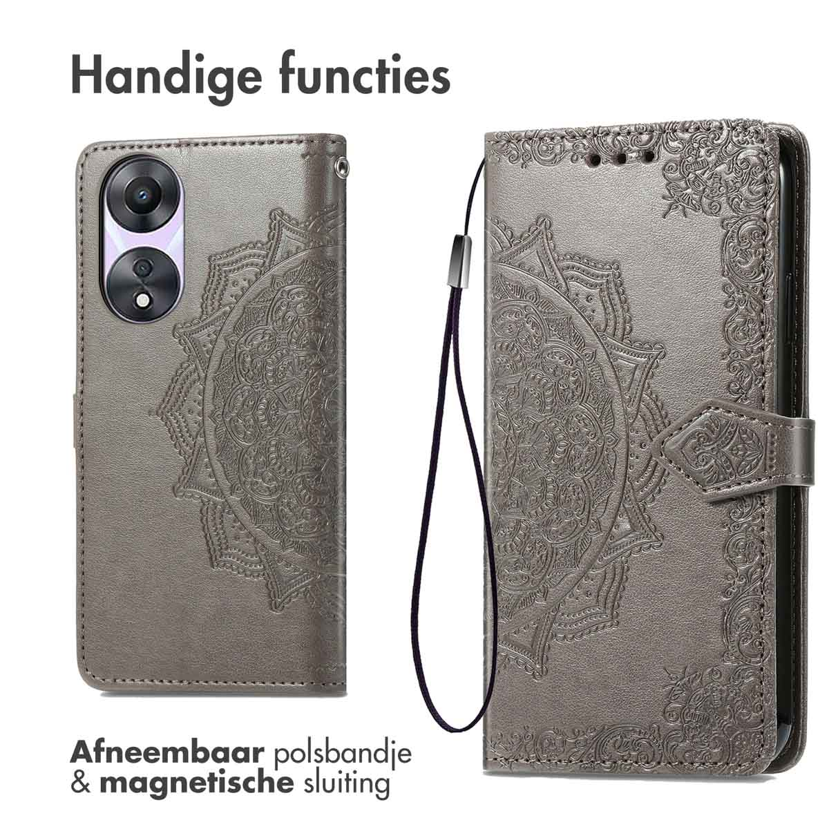 Funda gris, abierta y cerrada, con diseño mandala. Correa de mano adjunta.