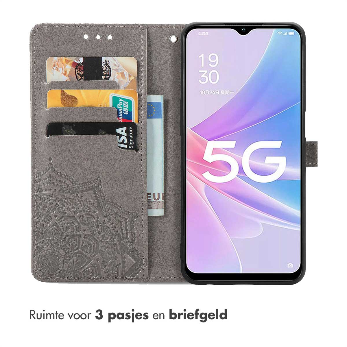 Cartera gris para tel éfono. El teléfono muestra la hora y 5G. Espacio para 3 tarjetas y billetes.
