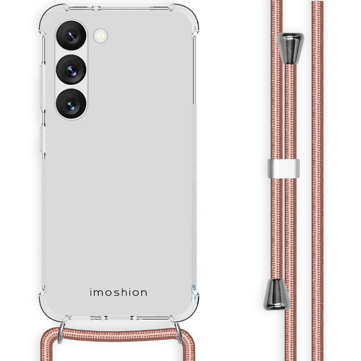 Transparante telefoonhoes met een roze band. De telefoon heeft drie camera's.