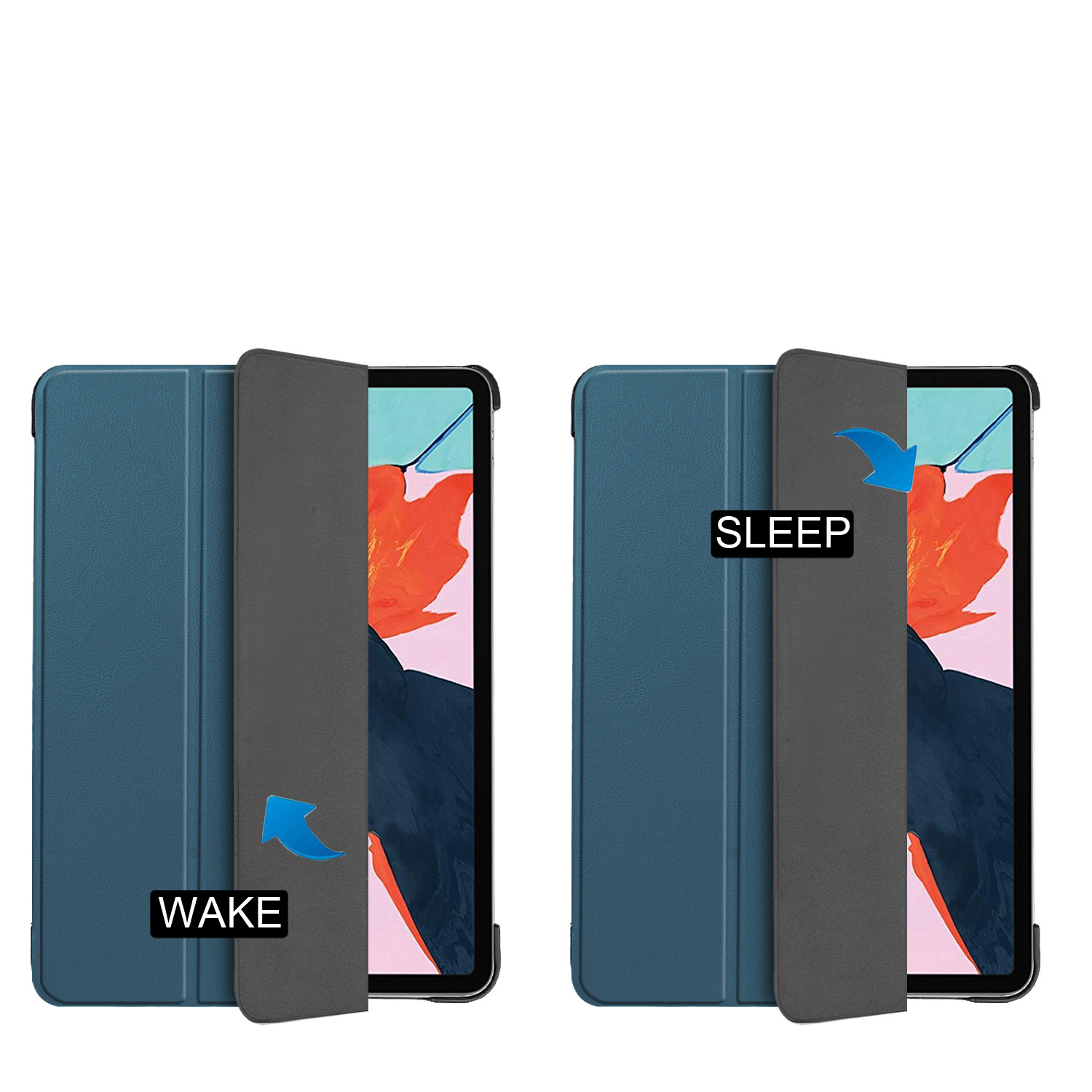 Due tablet, uno aperto e uno chiuso, con copertine blu scuro. Testo: Sveglia e Sonno sono etichettati con frecce.