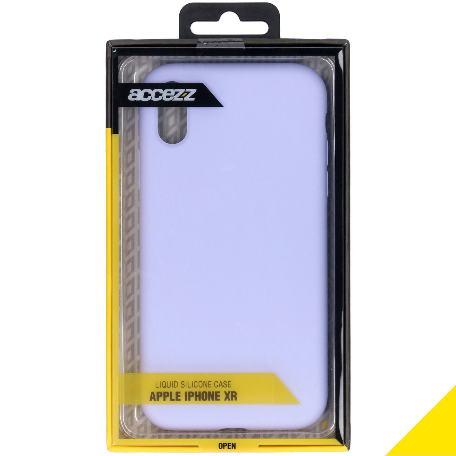 L'étui du téléphone est dans son emballage. C'est un étui en silicone liquide lavande.