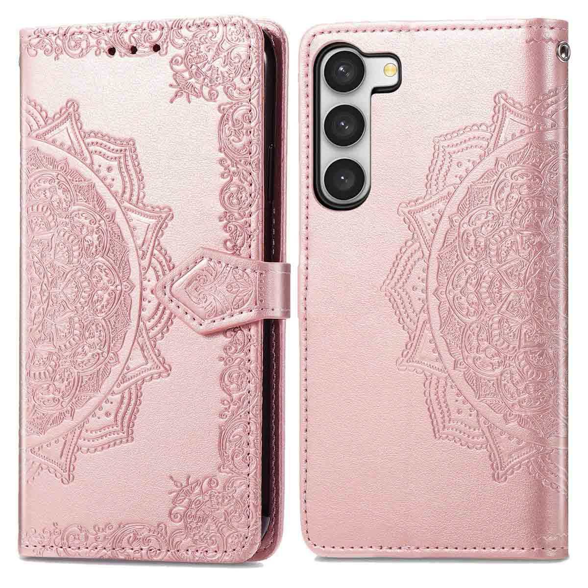 Coque de téléphone rose avec motif mandala, trois caméras et bouton de fermeture.
