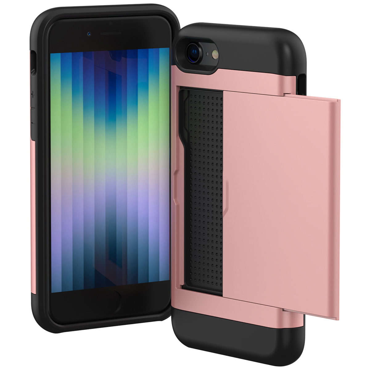 Zwarte en roze telefoonhoes met portemonnee-functie en scherm.