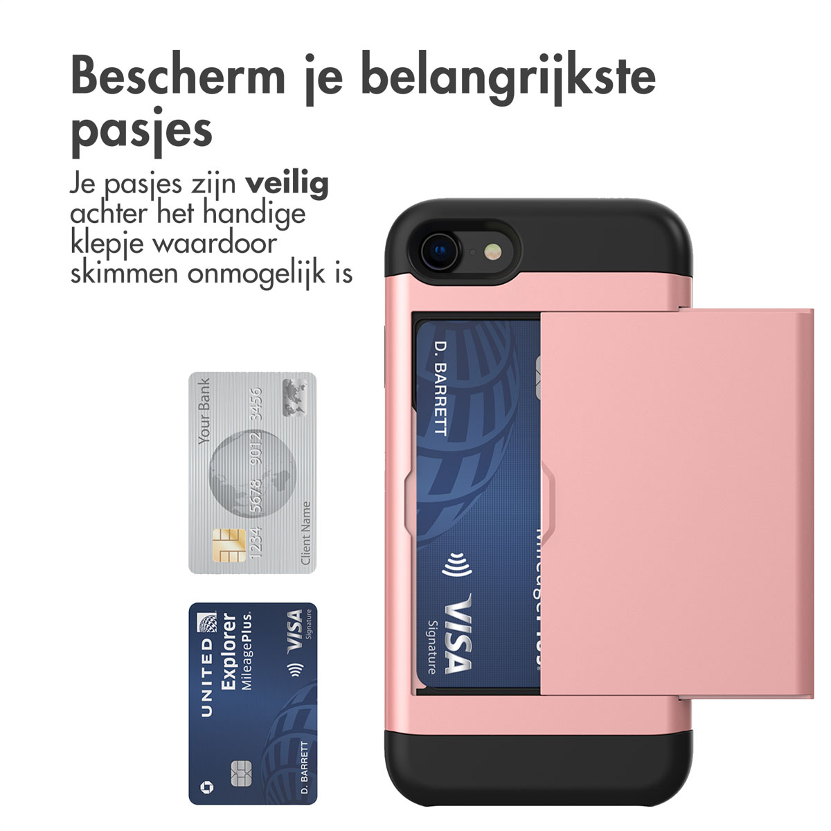 Telefoonhoesje met kaarten en kaarthouder. Tekst: Bescherm uw belangrijkste kaarten.