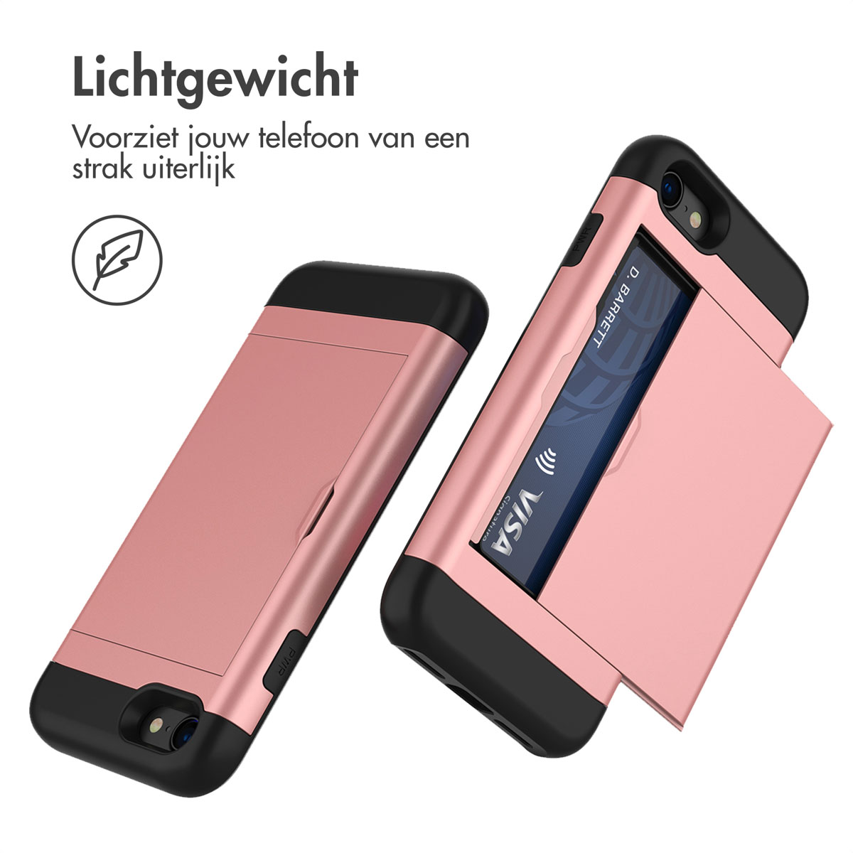 Roségouden telefoonhoesjes met kaartsleuven. Eén hoesje heeft een kaart gedeeltelijk eruit, met een Visa-kaart.