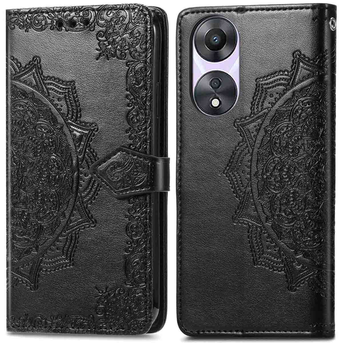 Coque noire avec motif décoratif. Le téléphone est à droite. Fermeture magnétique.