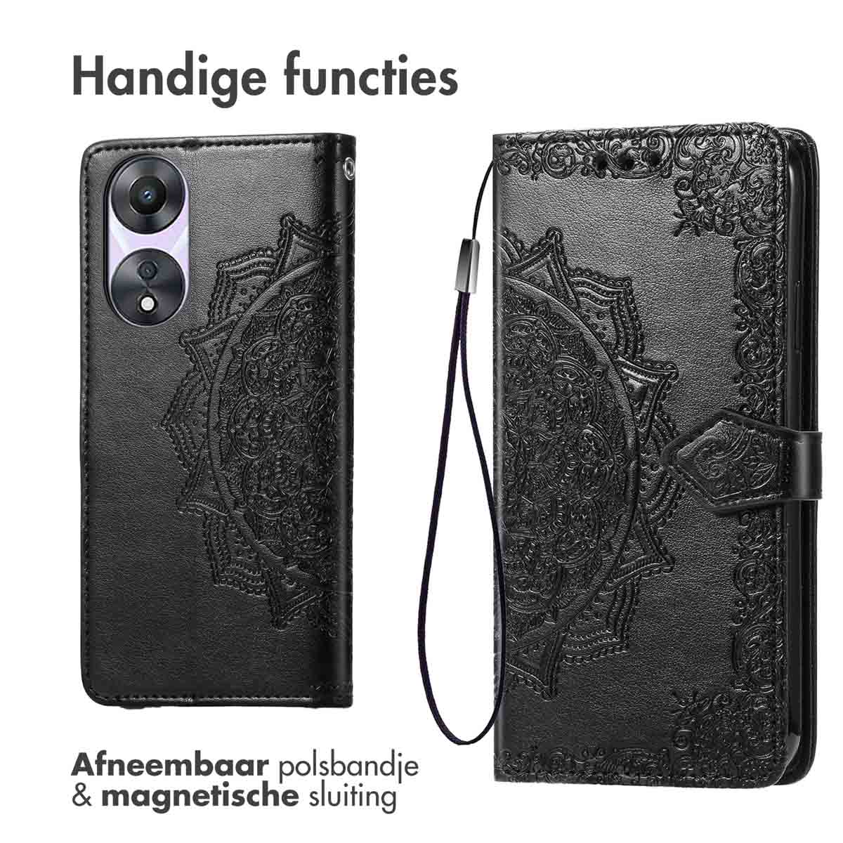 Deux étuis pour téléphone. Un avec caméra et l'autre fermé. Étui noir avec un motif mandala.