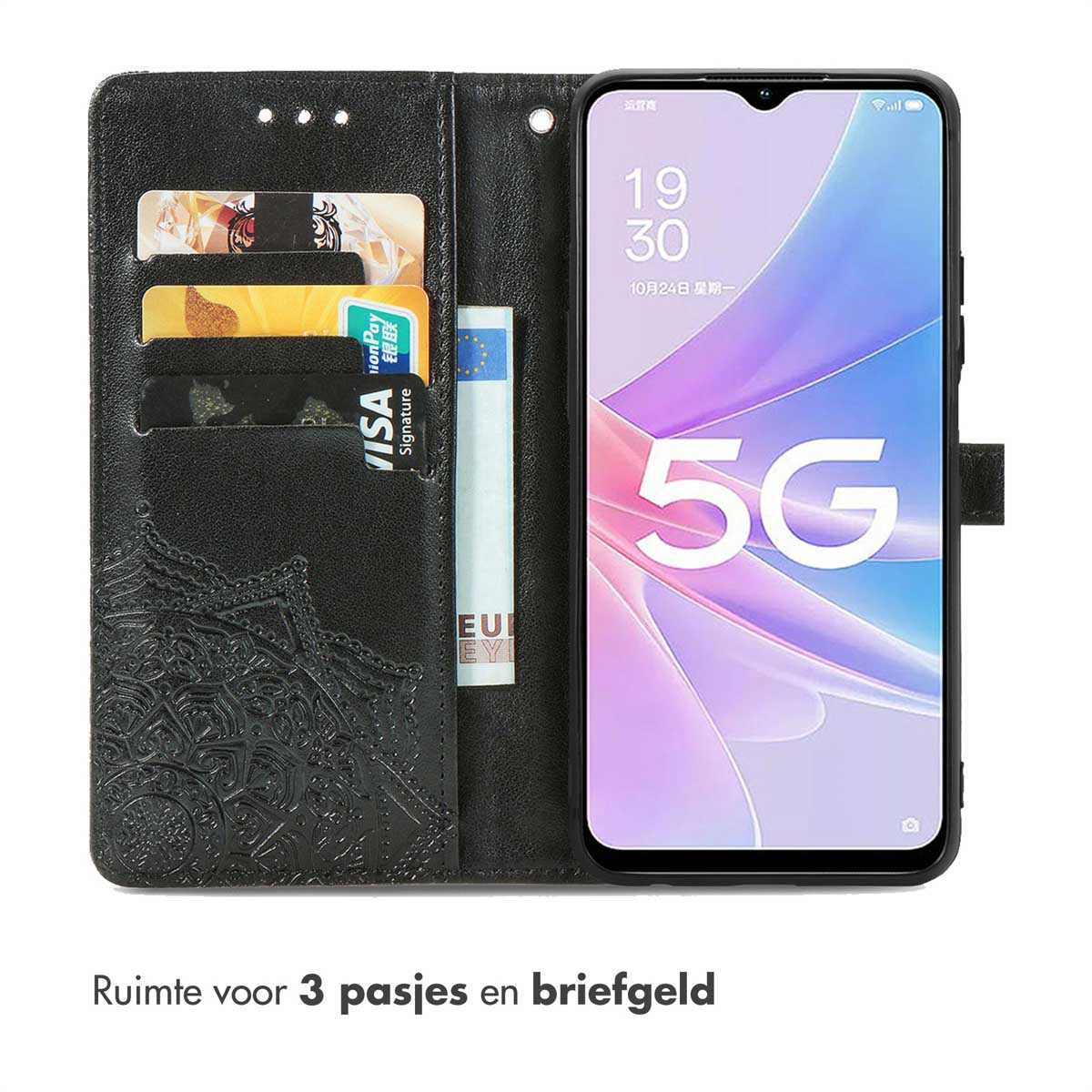 Portefeuille de téléphone noir. Le téléphone affiche l'heure et 5G. Espace pour 3 cartes et billets. Texte : 3 pasjes en briefgeld.