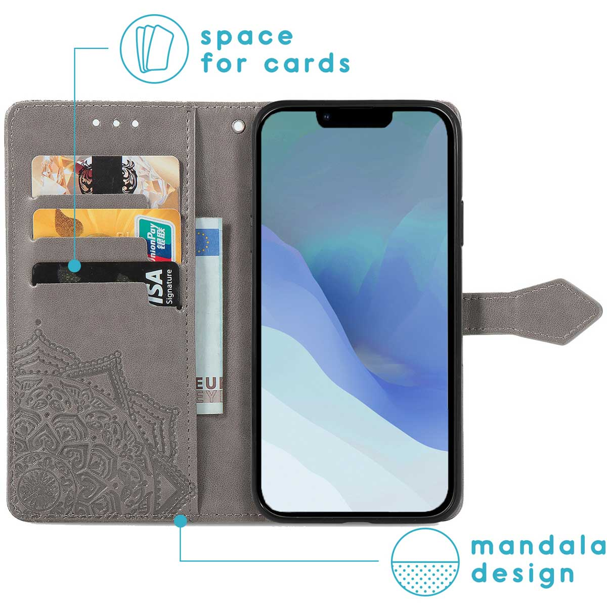 Geöffnete Handyhülle mit Kartenfächern und Platz für Bargeld. Die Hülle hat ein Mandala-Design.