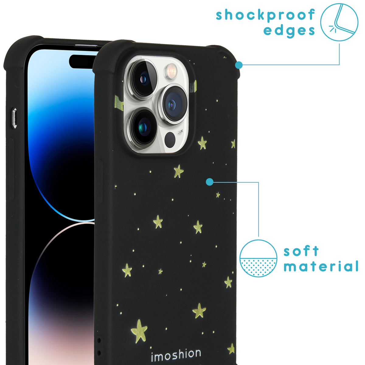 Zwarte telefoonhoes met sterren, schokbestendige randen en zacht materiaal.