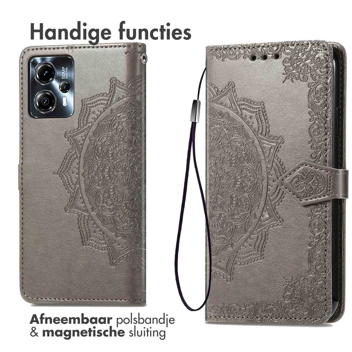 Een grijze telefoonhoes, open en dicht, met een mandala-ontwerp en een polsbandje.