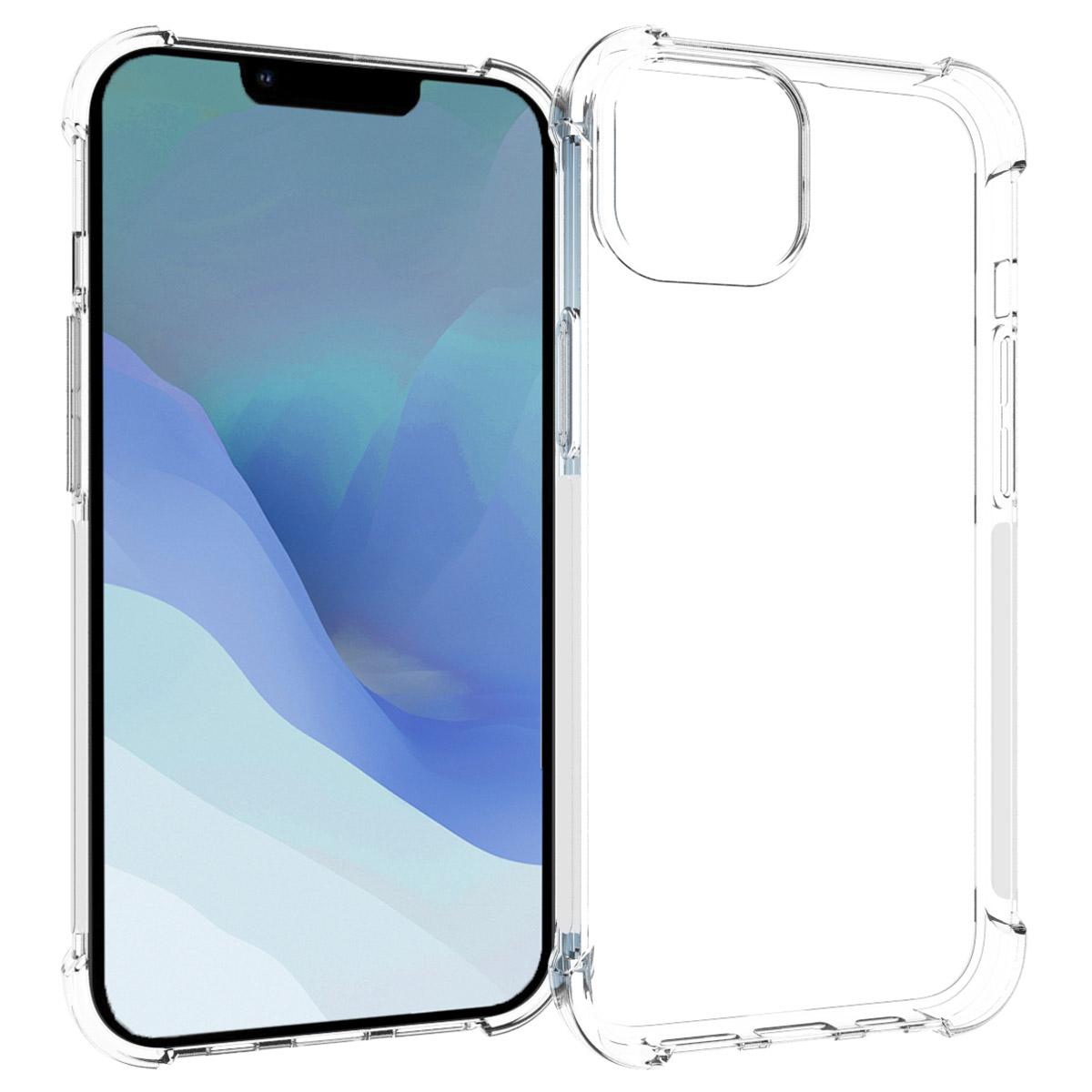 Una custodia trasparente per telefono viene visualizzata con un telefono all'interno. Il telefono è spento e lo schermo è blu scuro.