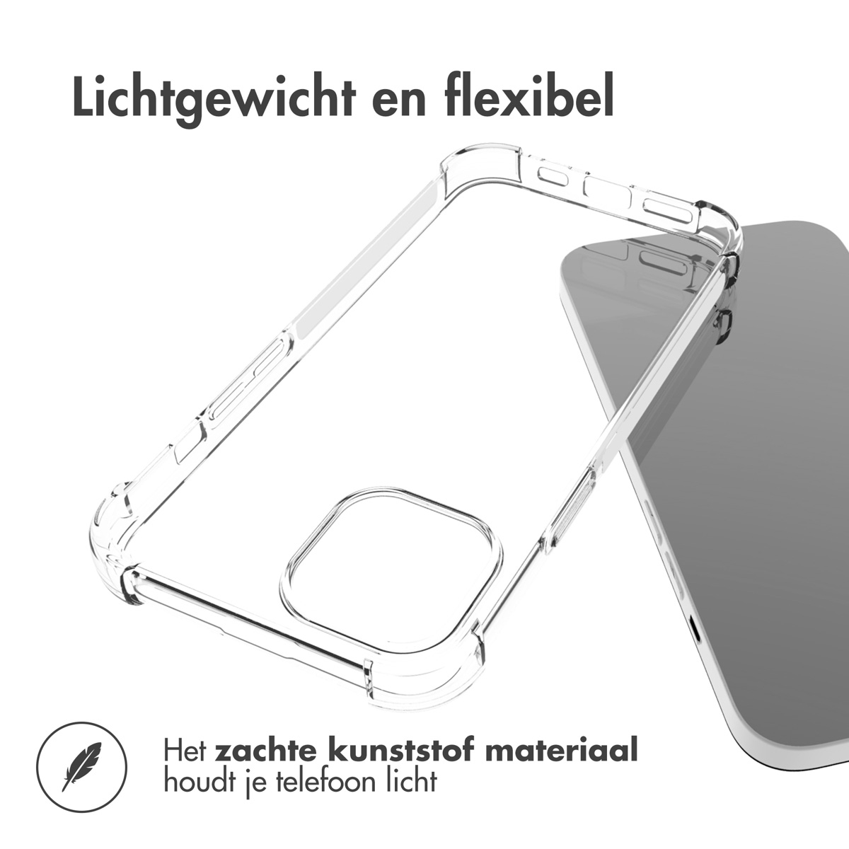 Custodia trasparente e telefono. Testo: 'Leggero e flessibile'. Sotto: 'Il materiale plastico morbido mantiene il telefono leggero'.