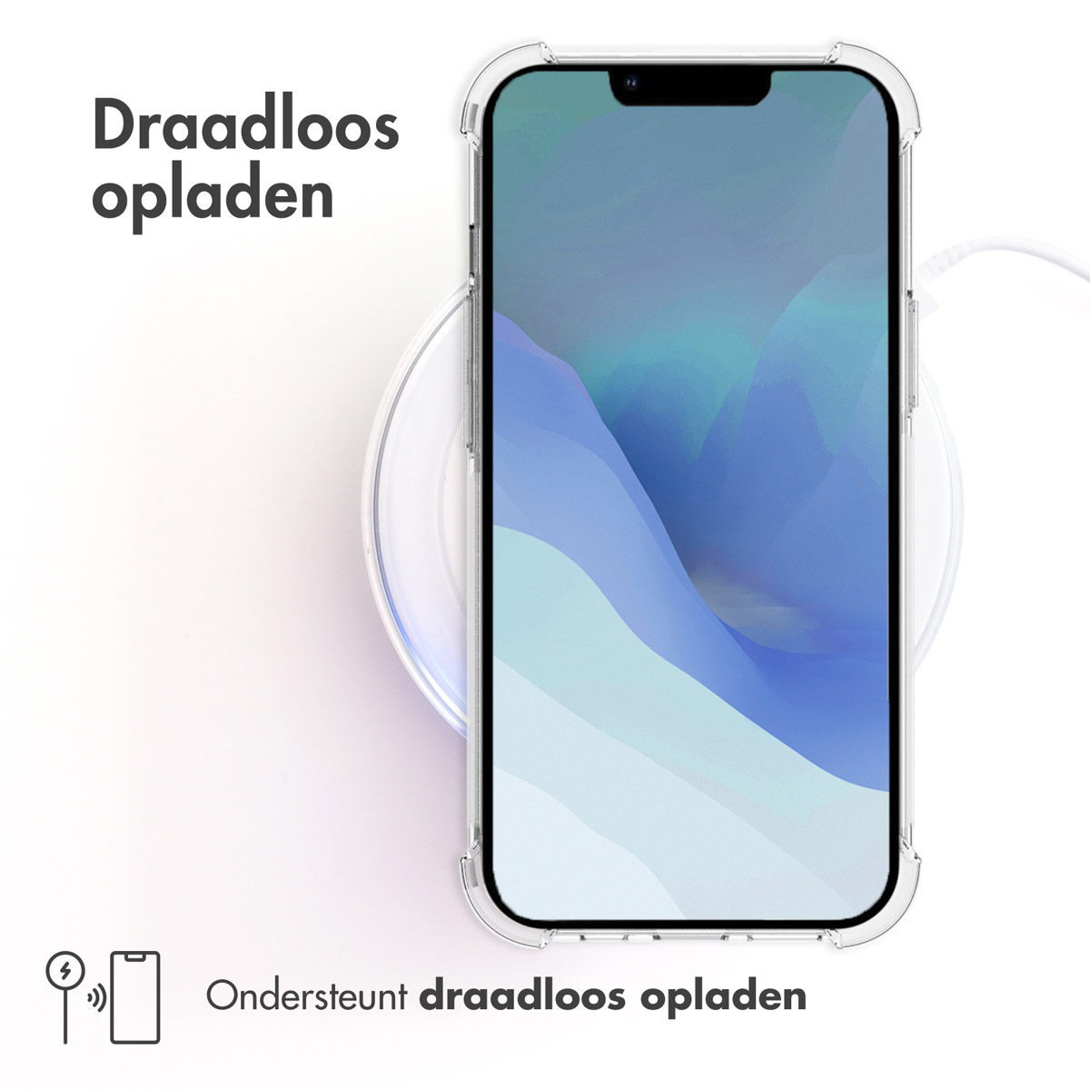 Custodia trasparente su caricabatterie wireless. Il telefono mostra un design astratto blu e bianco.