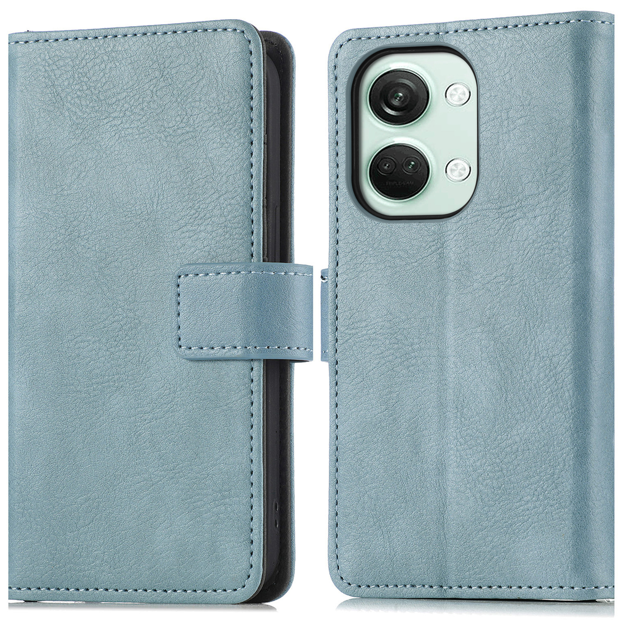 Étui de téléphone en cuir bleu, ouvert, montrant un téléphone avec une caméra. L'étui est bleu clair.