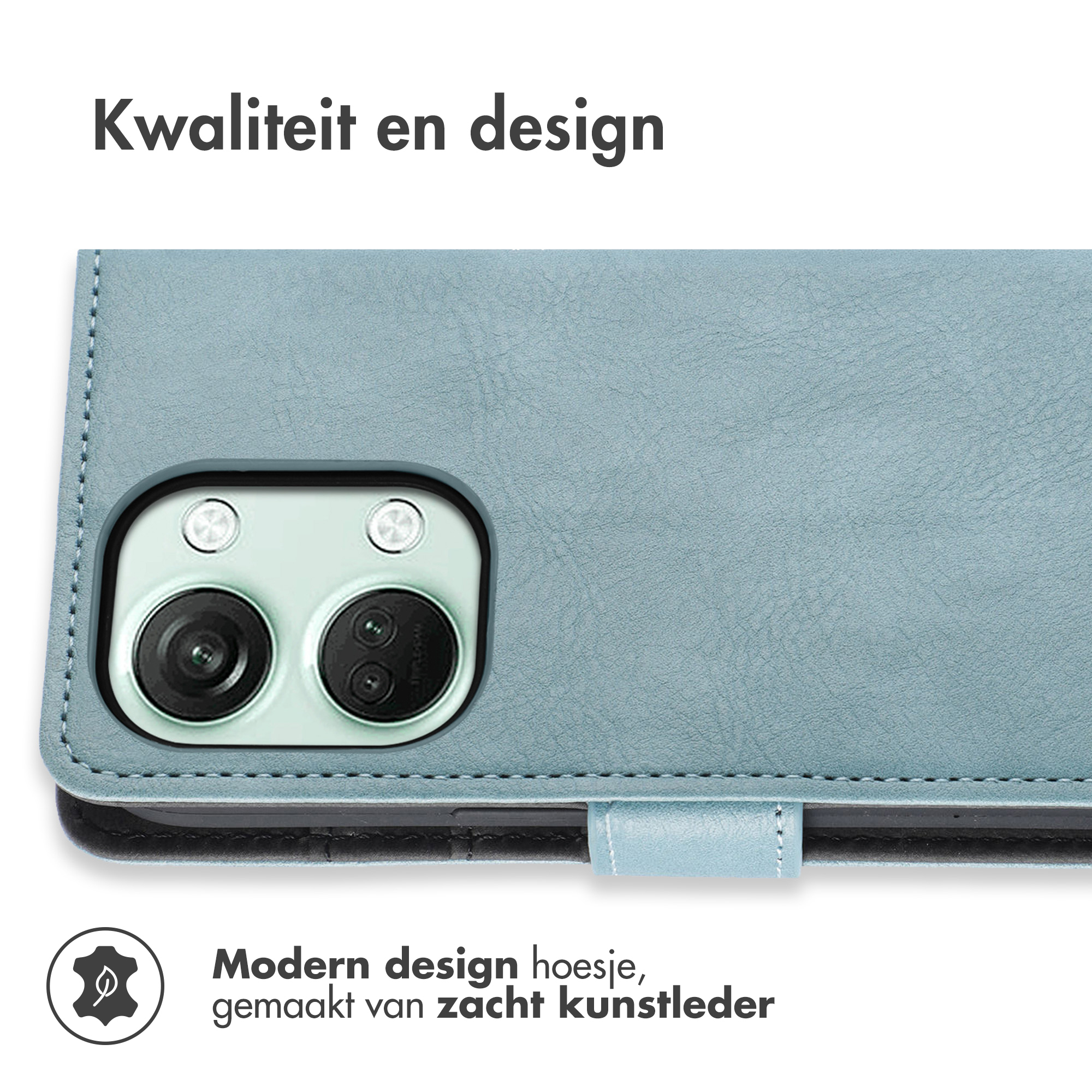 Étui de téléphone bleu avec caméra visible et texte indiquant qualité et design.