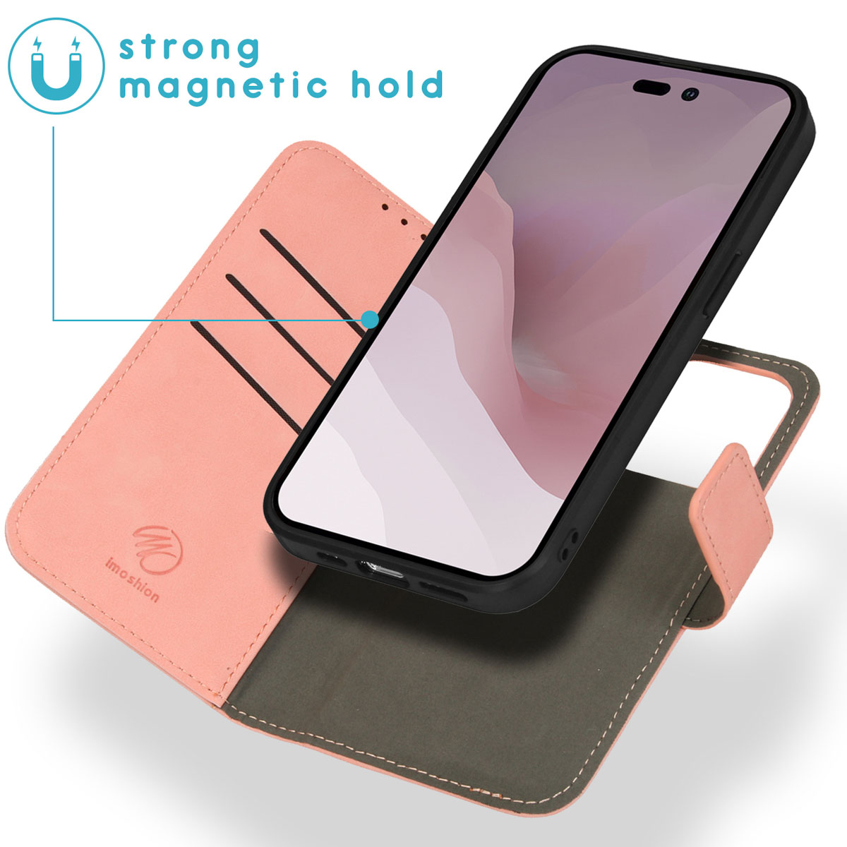 Telefoonhoesje met een telefoon. De hoes is roze en grijs. De telefoon is zwart. Tekst zegt sterke magnetische grip.