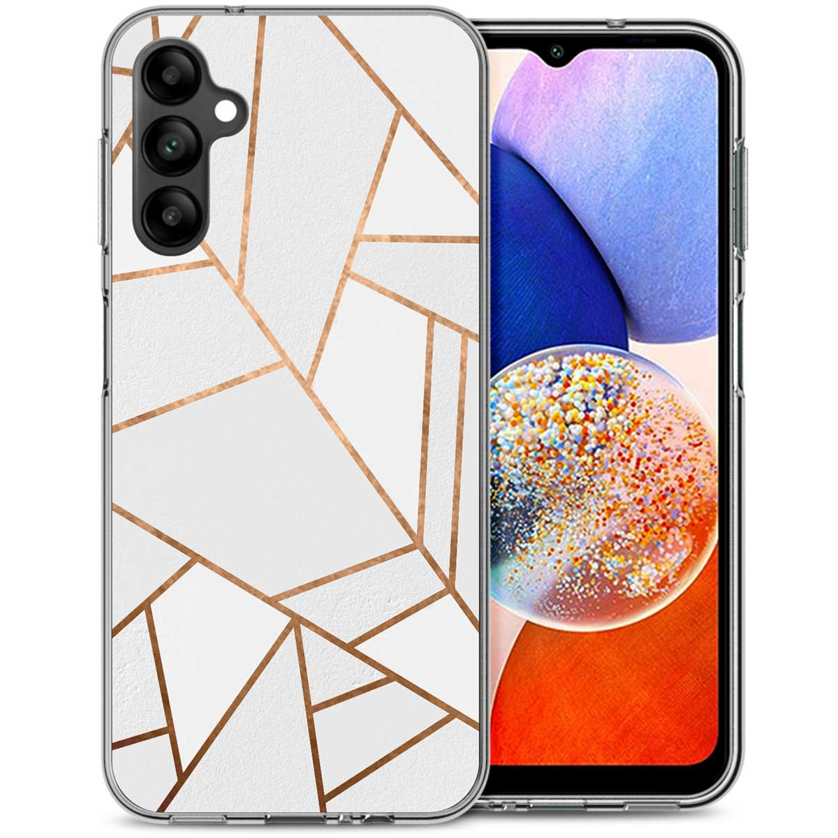 Een telefoon in een witte hoes met een geometrisch goud patroon wordt weergegeven. Het telefoonscherm is zichtbaar en aan.