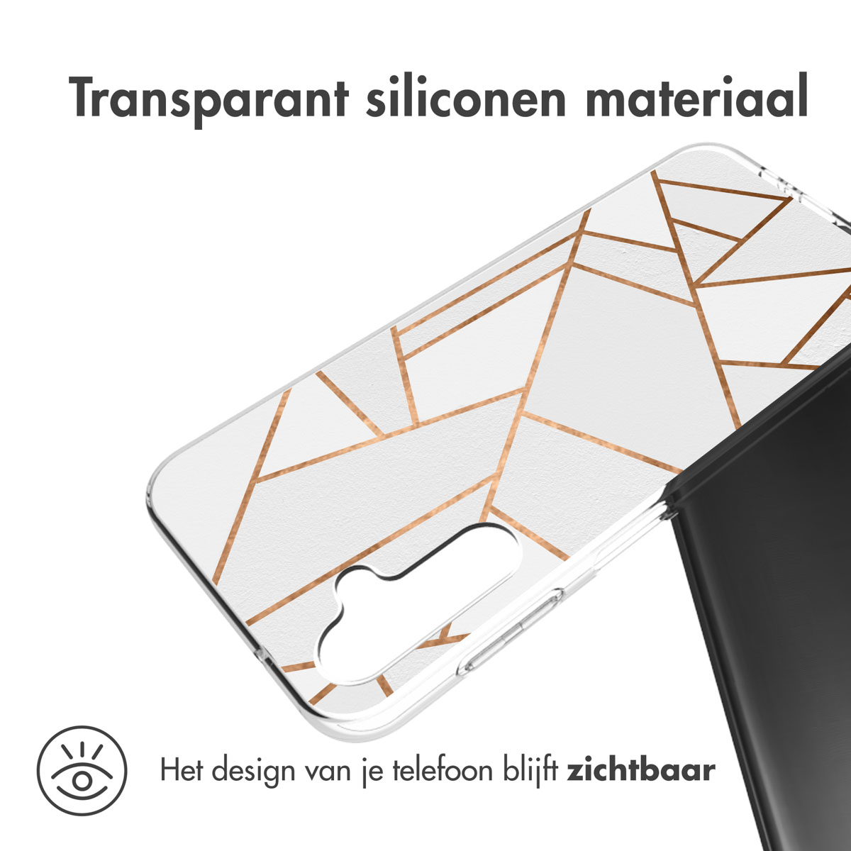 Transparante telefoonhoes met een wit en goud geometrisch ontwerp. De telefoon is zichtbaar.