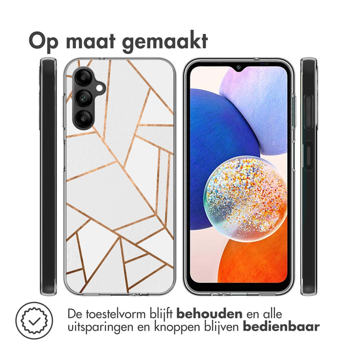 Telefoonhoes met telefoon erin. Tekst: Telefoonvorm behouden en alle uitsparingen en knoppen blijven bedienbaar.