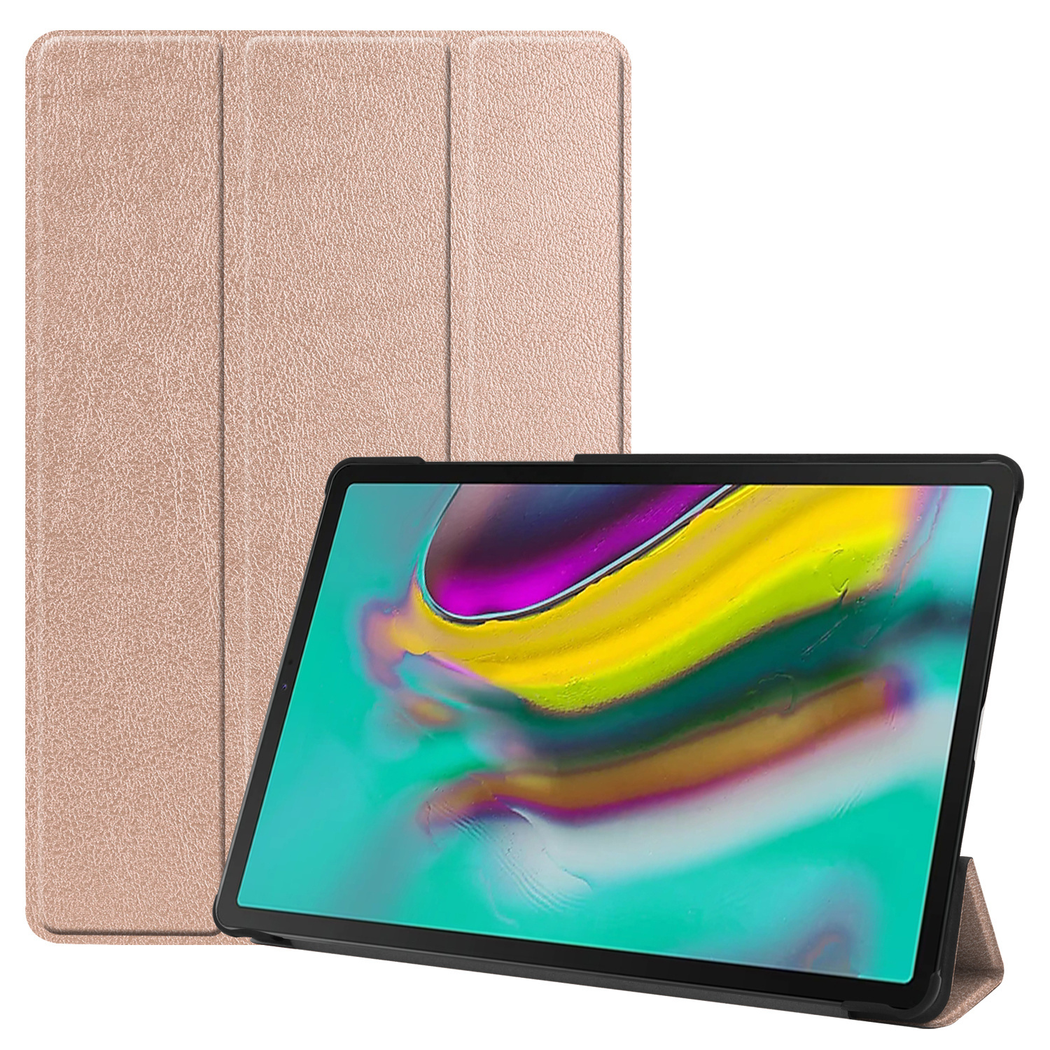 Tablet with a case, in rose gold, open and closed.