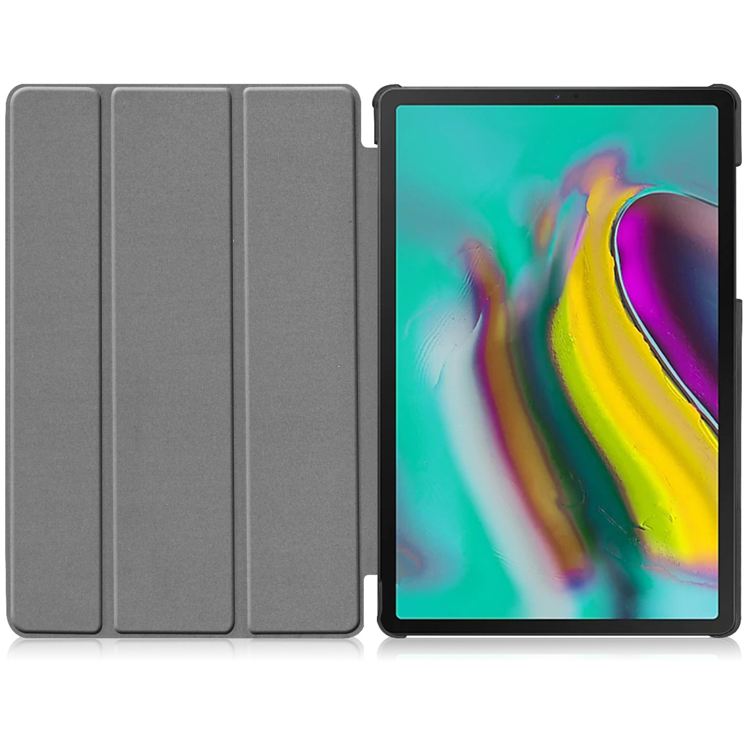 Gray tablet case, open. Gray cover on the left, tablet screen on the right. Tablet screen shows colors.