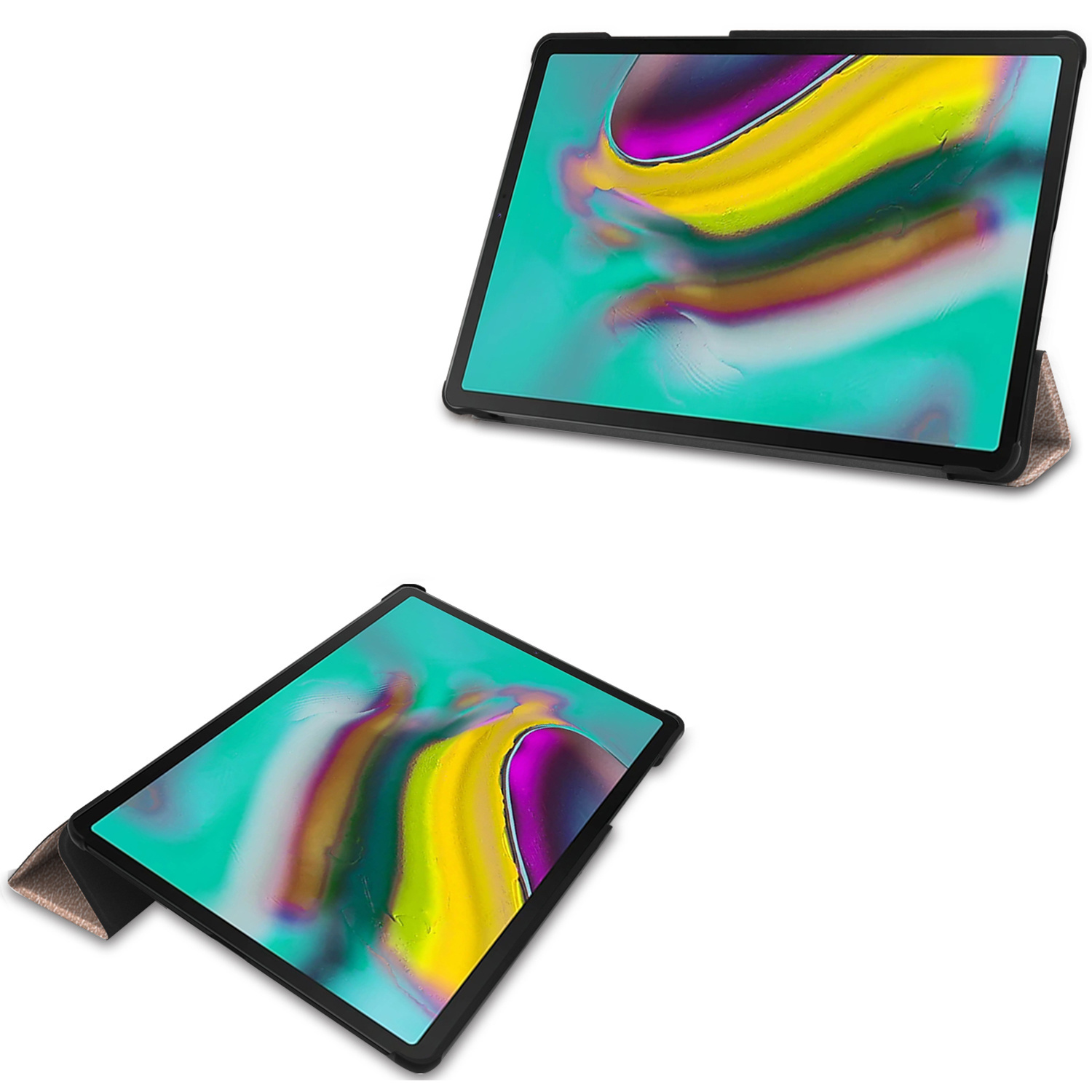 Tablet case with a black frame and a light-colored cover in different views.