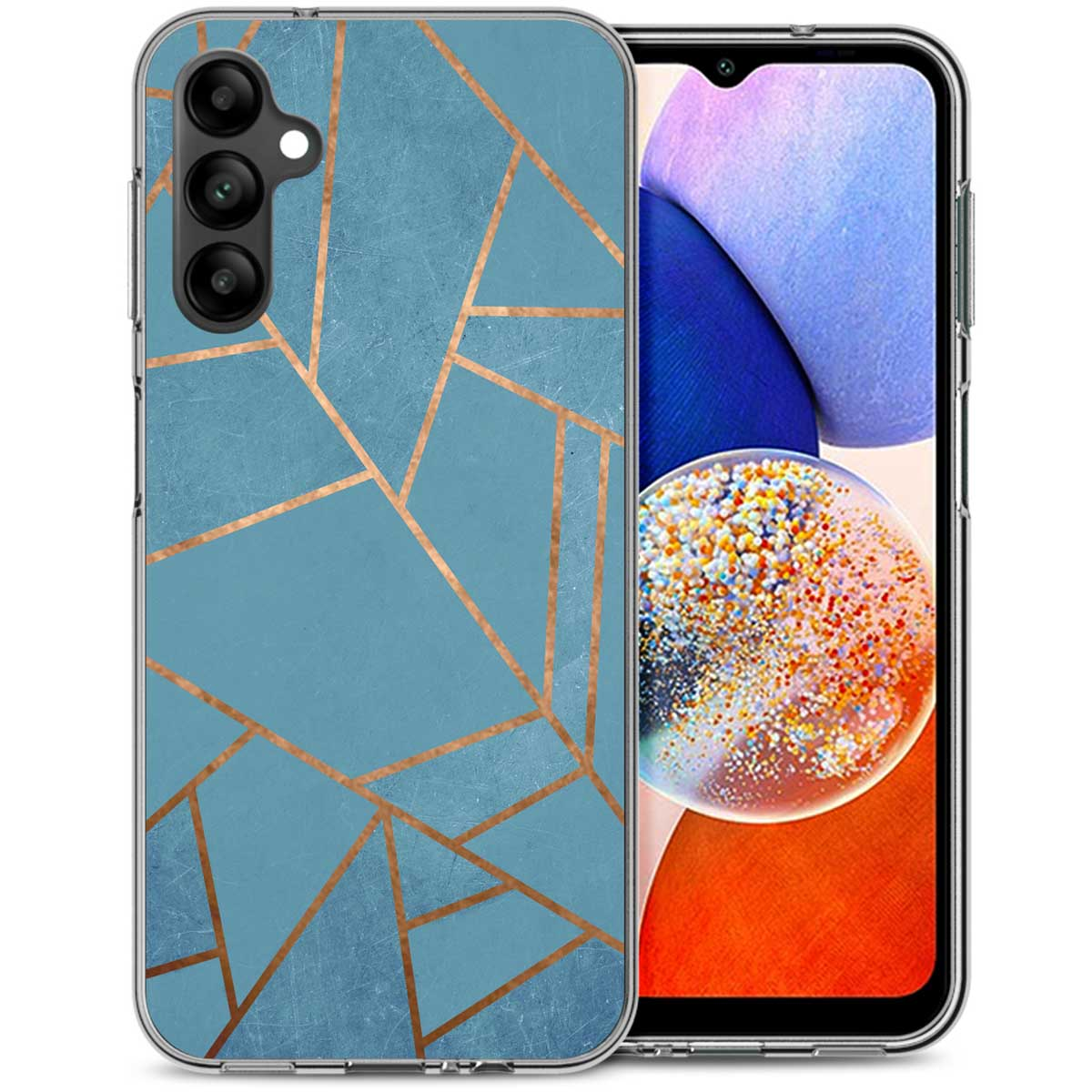 Telefoonhoesje met blauwe achtergrond, geometrisch goud design. Telefoon is zichtbaar.