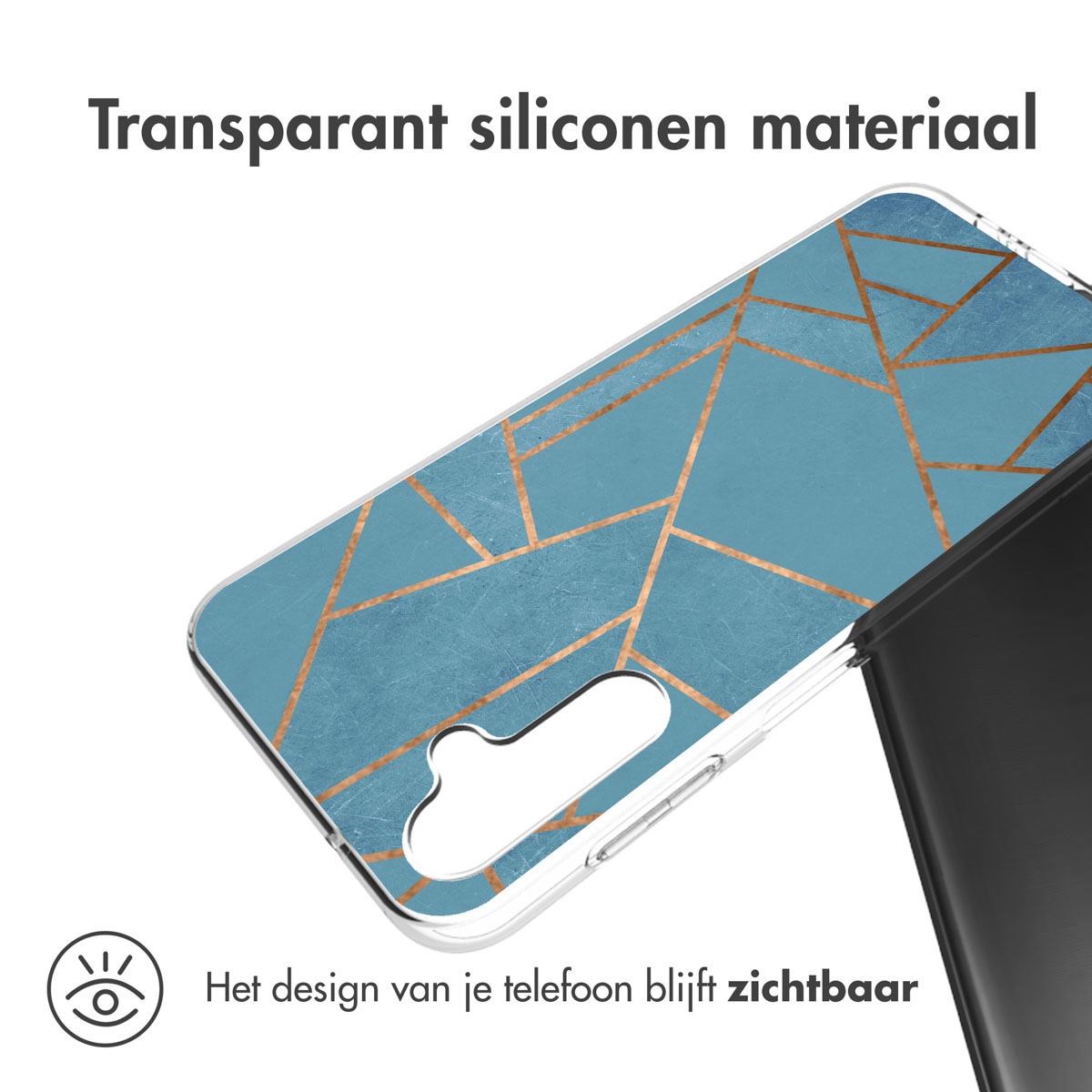 Transparante telefoonhoes met blauw geometrisch design, de telefoon is zichtbaar.