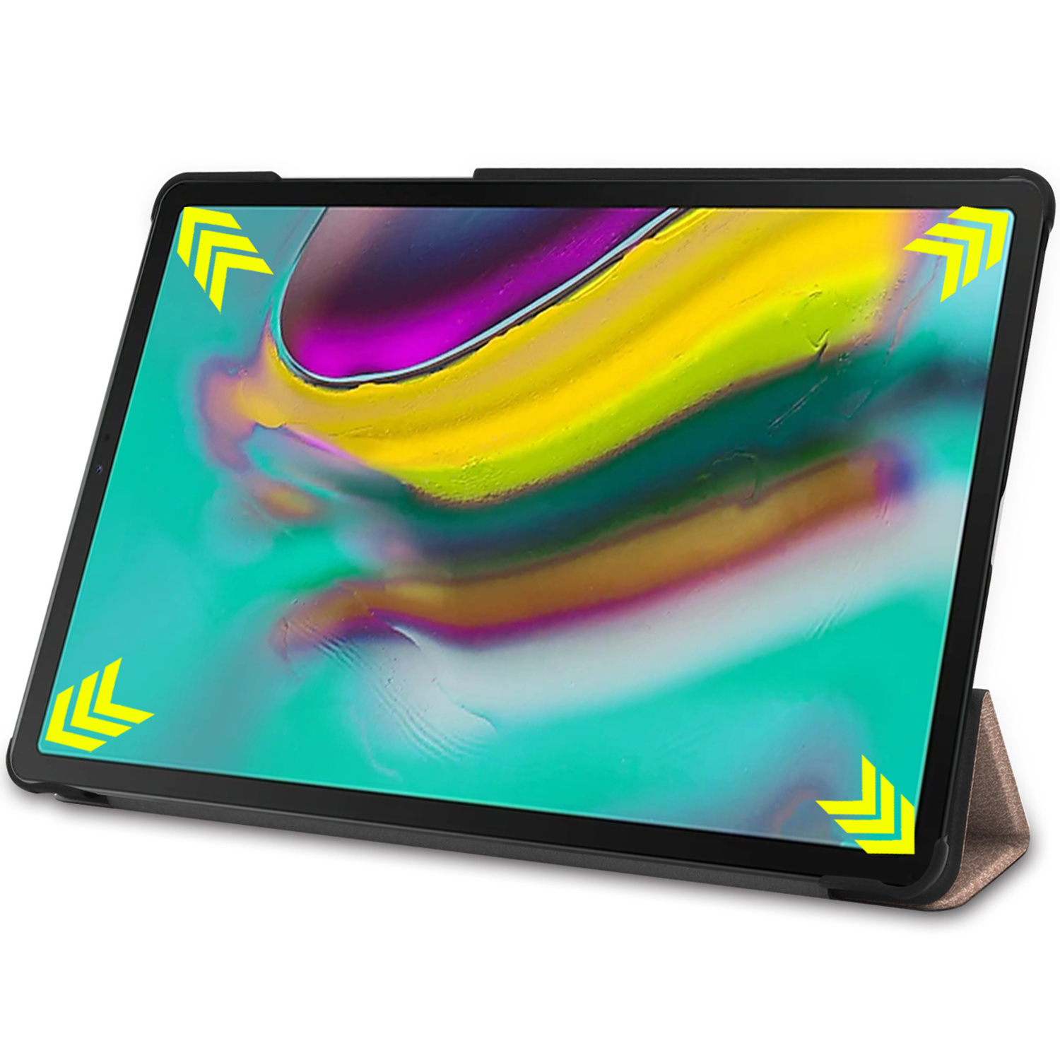 Tablet in a case. The screen shows a colorful splash of paint. Yellow arrows are in the corners.