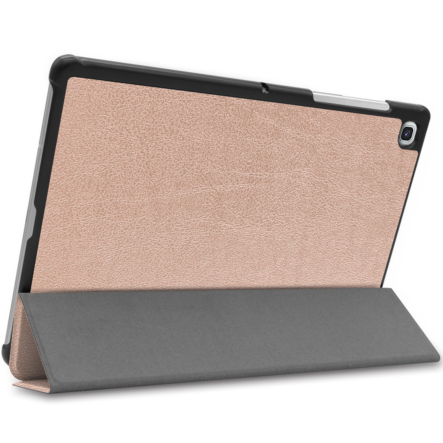 Pink tablet case, the tablet is on a stand, with a black frame.