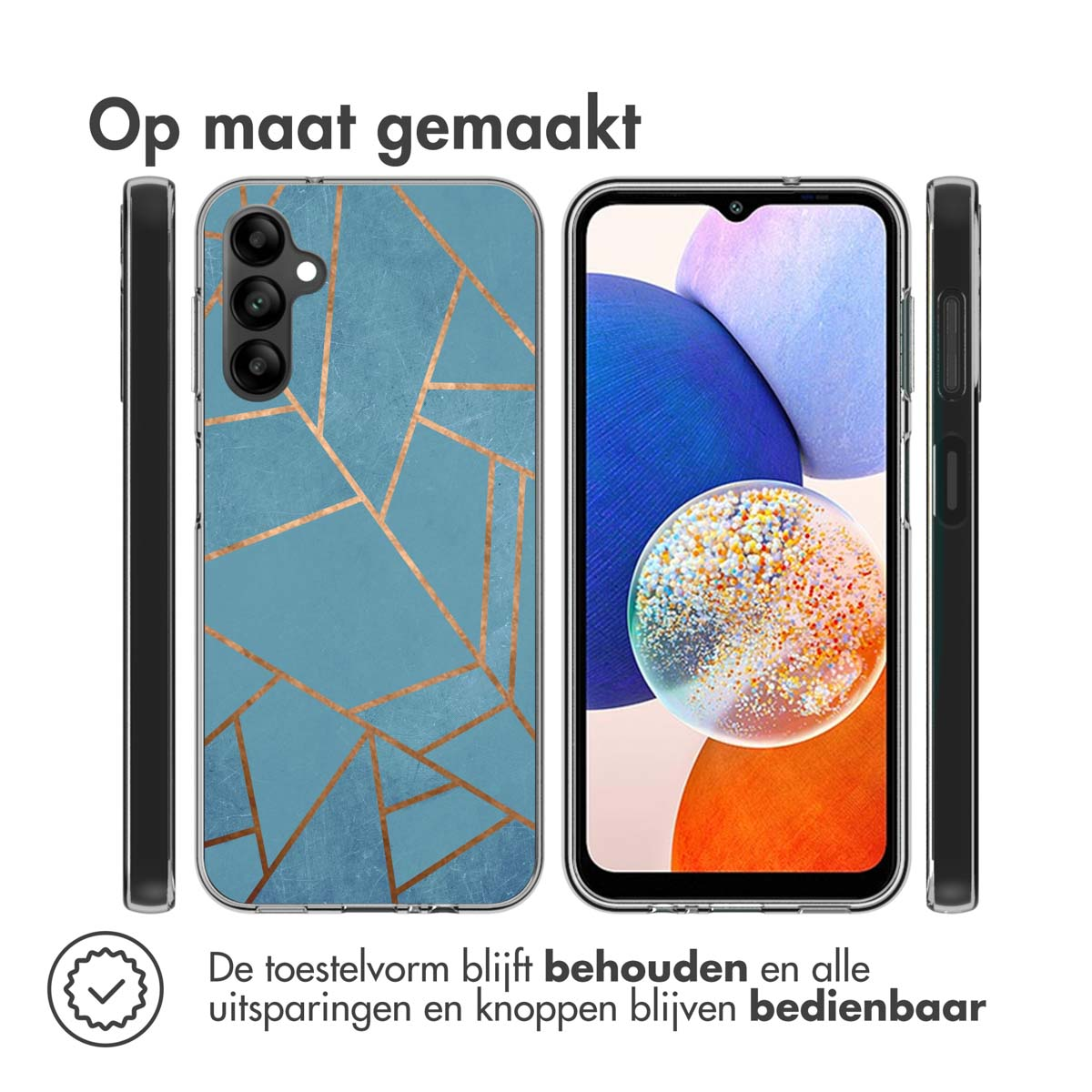 Een telefoon wordt weergegeven in een blauwe hoes met een geometrisch goud patroon. Het scherm staat aan, met kleuren.
