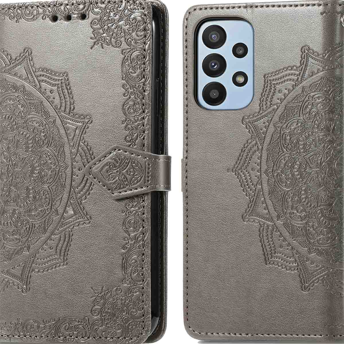 Grijze telefoonhoes met decoratief ontwerp. Telefoon rechts. Met magnetische sluiting.