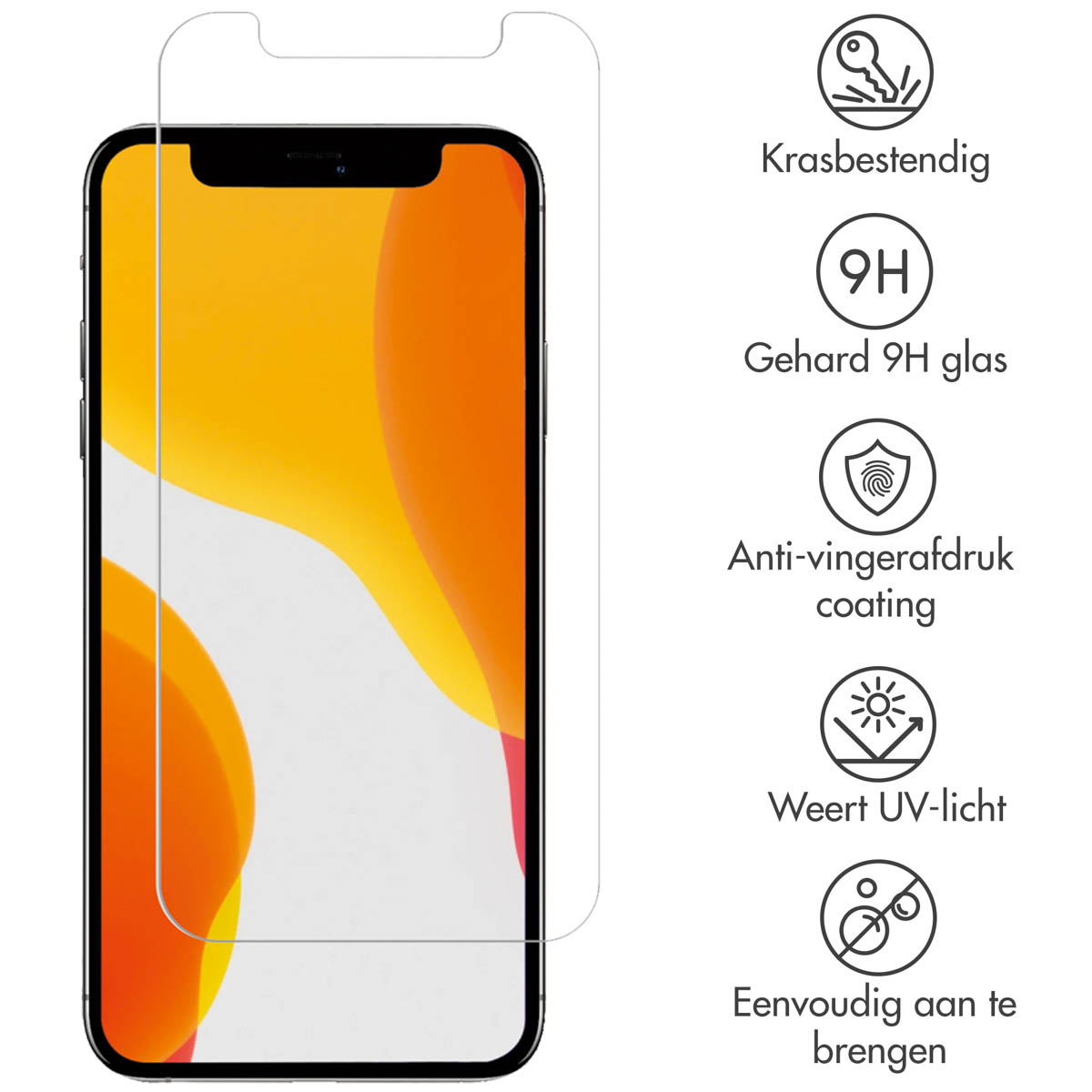 Telefoon met schermbeschermer. Eigenschappen zijn krasbestendigheid, 9H glas en UV-bescherming.