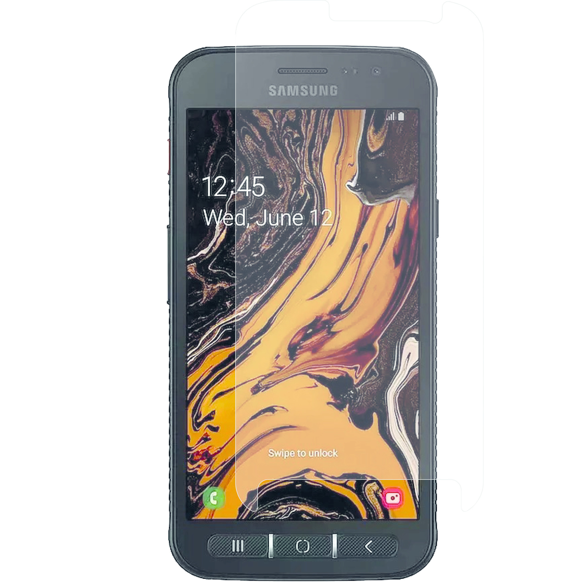 Telefoon met een schermbeschermer. Toont tijd en datum. Tekst: Veeg om te ontgrendelen.