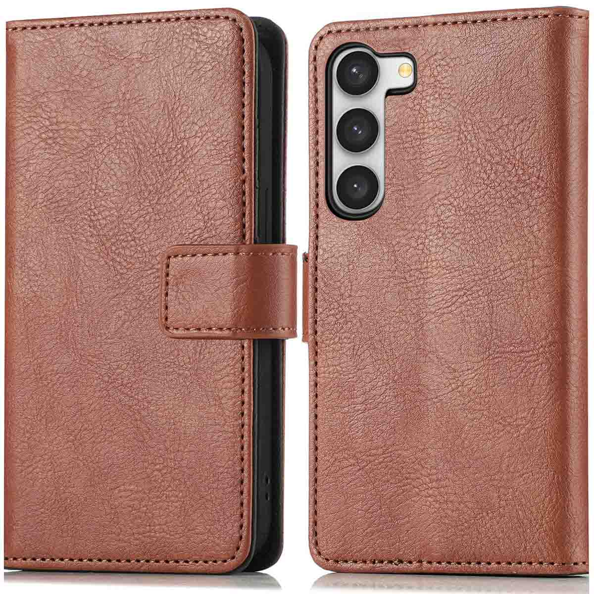 Étui de téléphone en cuir marron, ouvert et fermé, avec fermeture magnétique.