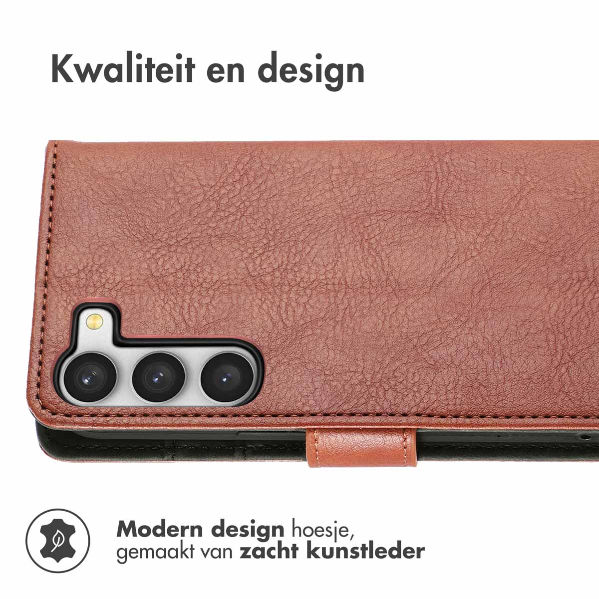 Étui de téléphone marron. Il a une texture cuir. L'étui a un design moderne. La caméra est visible.