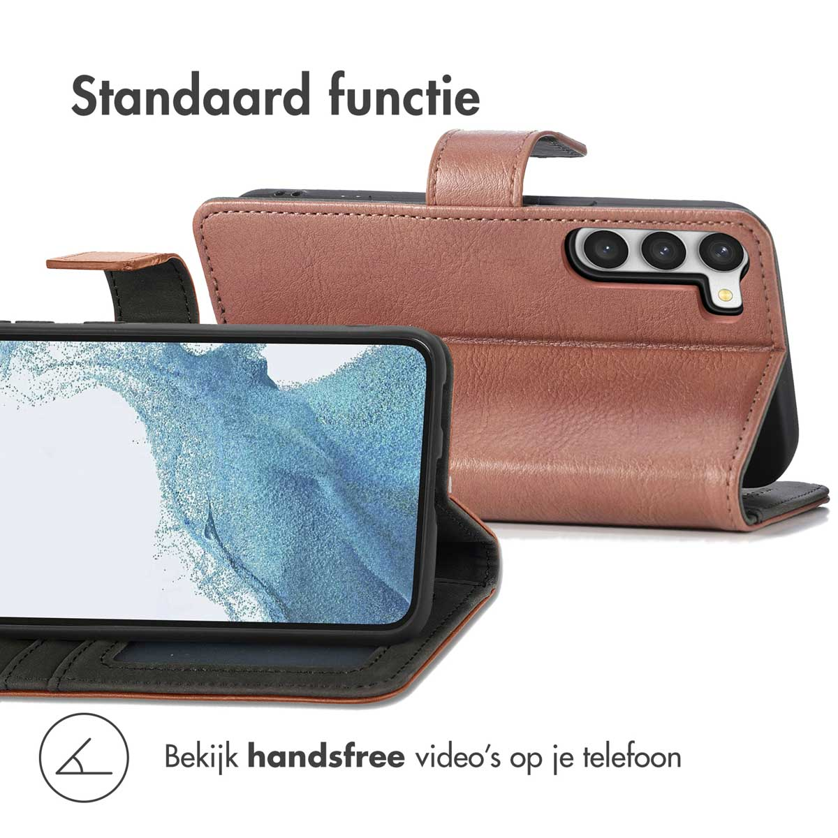 Étui de téléphone rose avec téléphone, montrant l'utilisation vidéo mains libres.