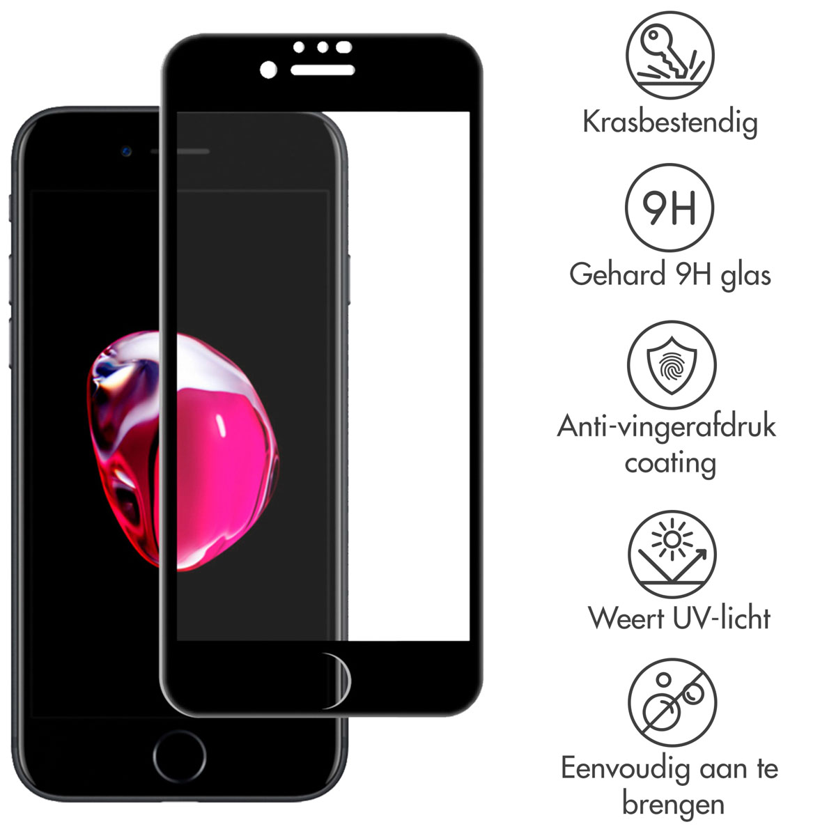 Twee telefoons met schermbeschermers en pictogrammen die functies beschrijven.