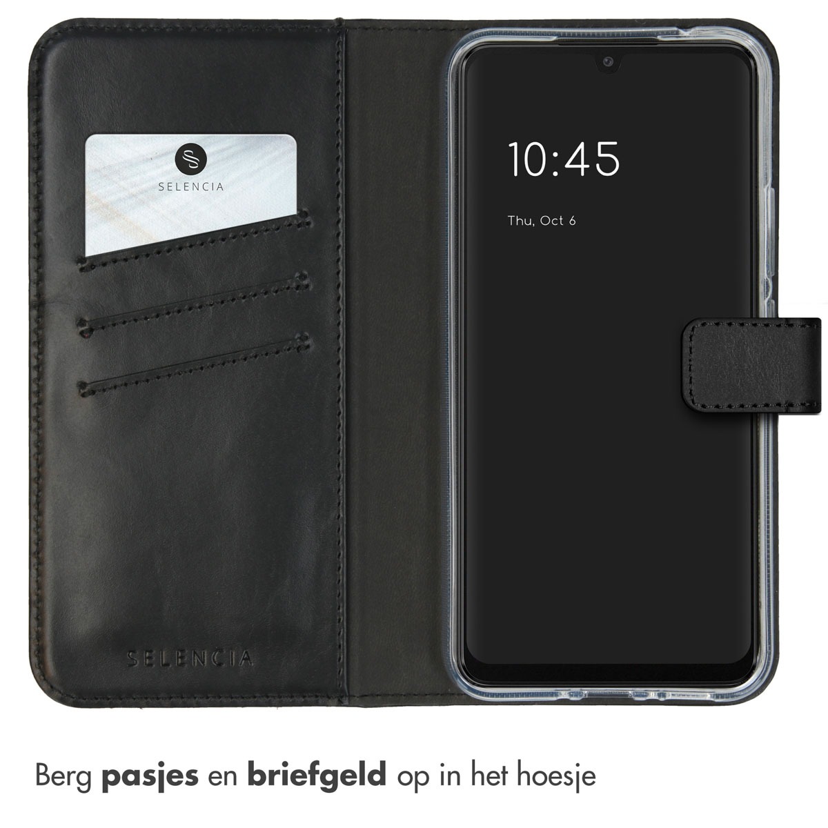 Coque de téléphone noire avec emplacements pour cartes et heure et logo Selencia.