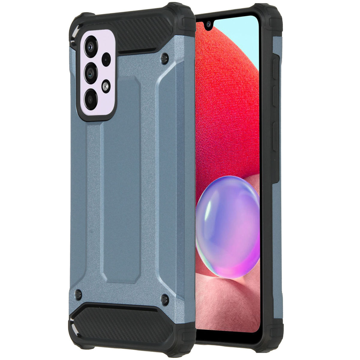Coque de téléphone bleue et noire protégeant un smartphone. Le smartphone a un écran.