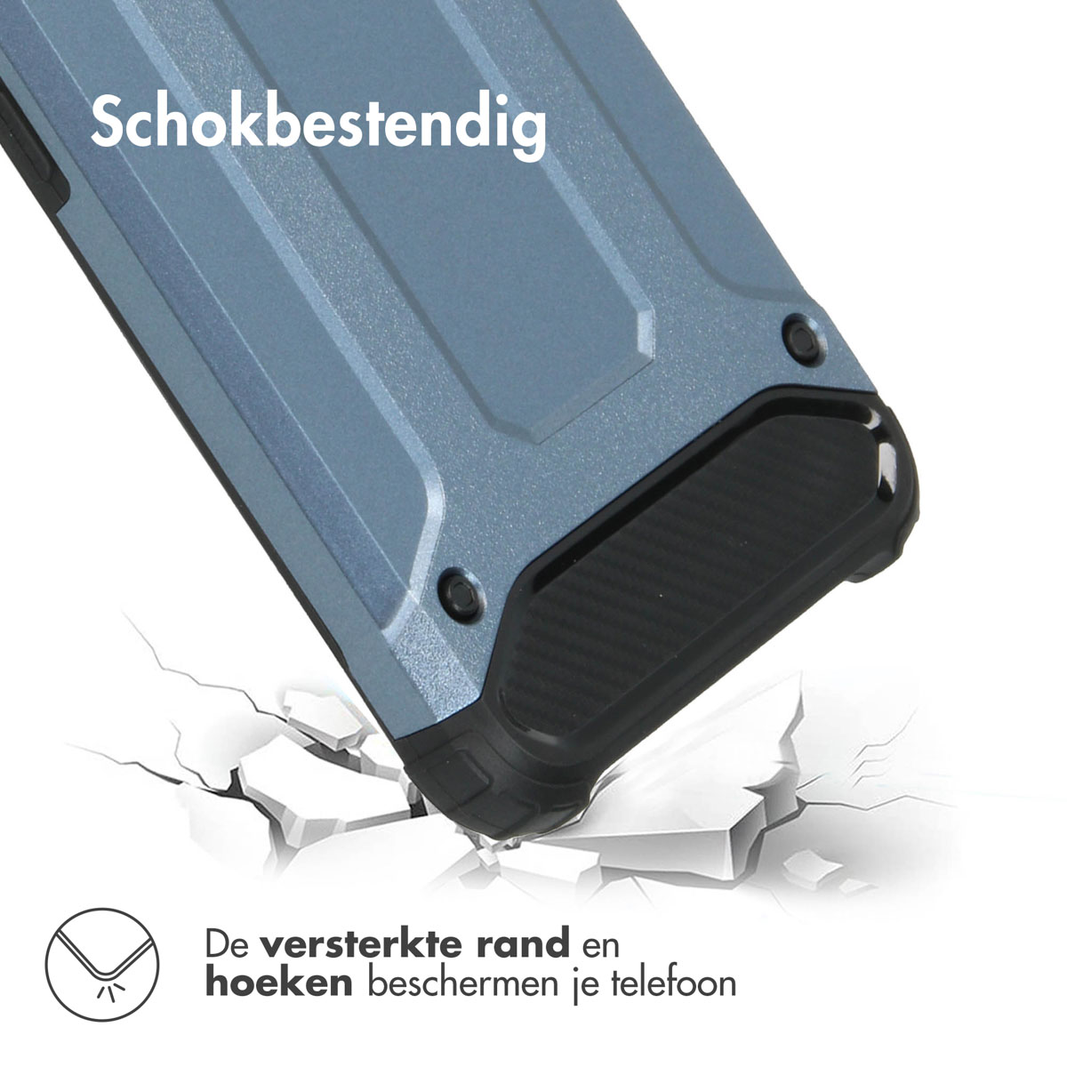 Une coque de téléphone avec un design bleu et noir. L'étui est cassé pour montrer la conception résistante aux chocs.