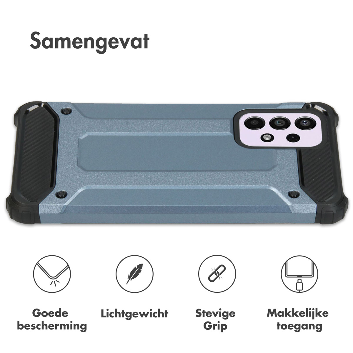 Coque de téléphone avec téléphone à l'intérieur. Texte : Bonne protection, léger, prise en main solide, accès facile. Noir et gris.