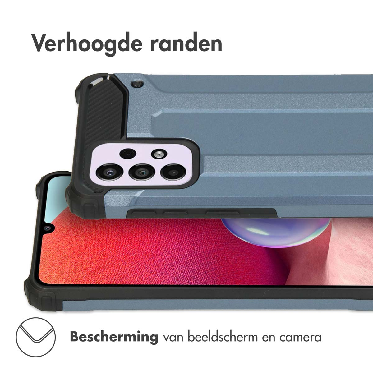 Coque de téléphone. L'étui est gris et possède une triple caméra. Texte : Protection de l'écran et de la caméra.