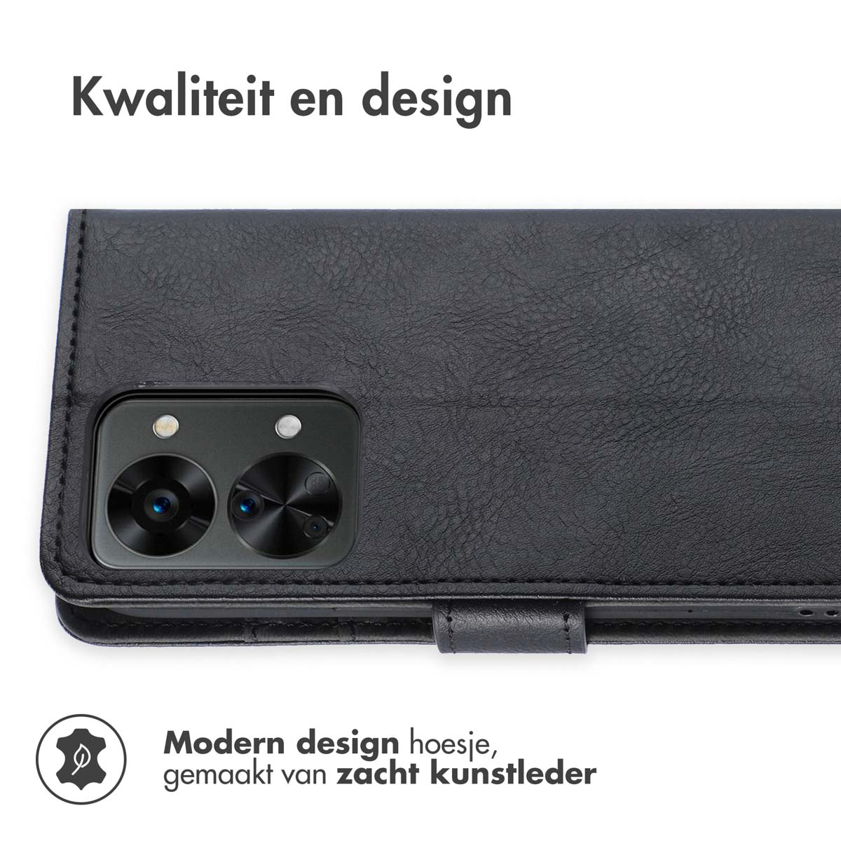 Custodia nera per telefono con fotocamere visibili a destra, con testo qualità e design.