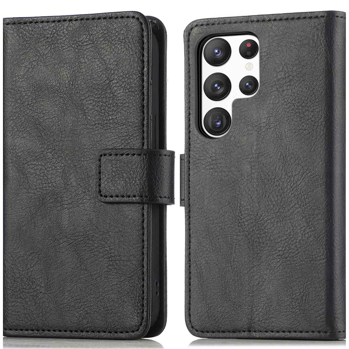Étui de téléphone en cuir noir, ouvert, montrant un téléphone avec une caméra. Noir.