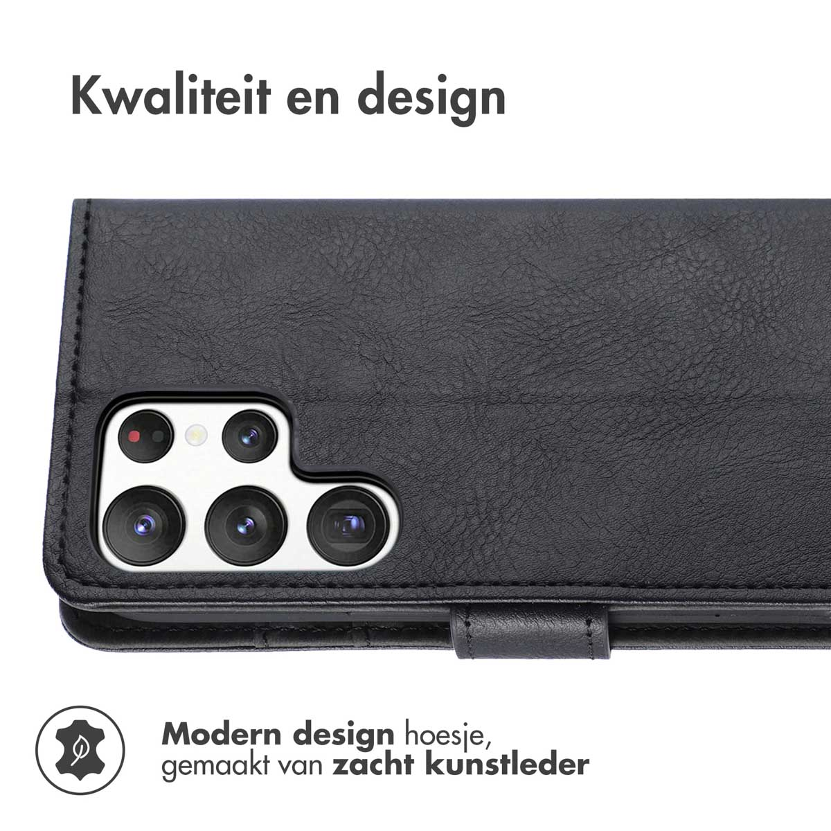 Coque de téléphone au design moderne, ouverte. La coque est noire et montre l'appareil photo du téléphone.