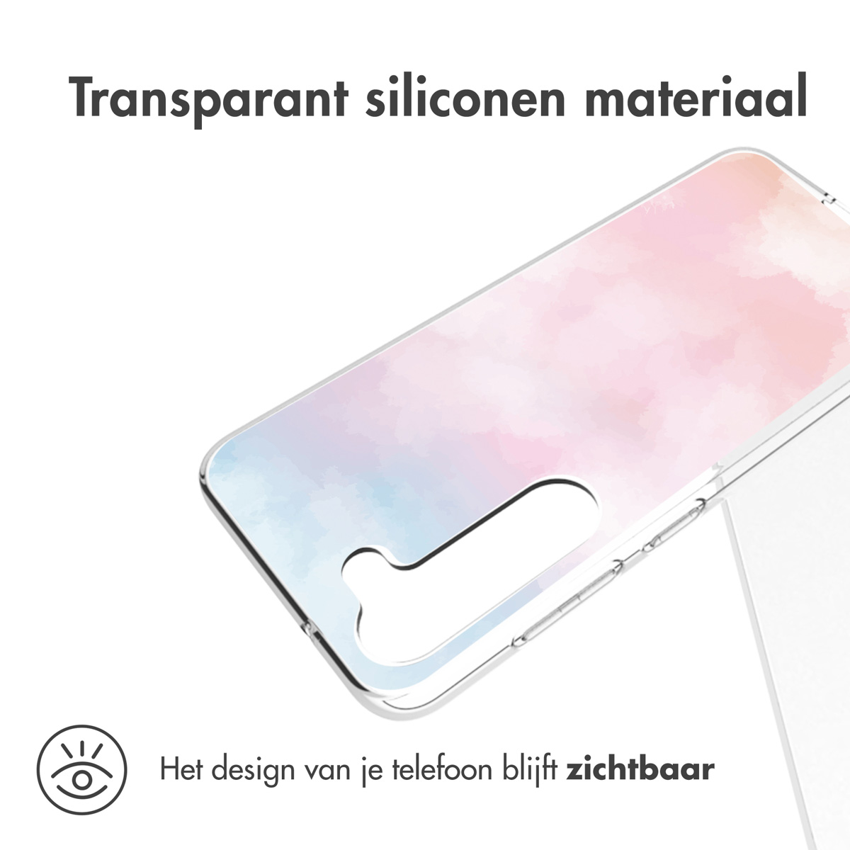 A clear phone case is shown. The case has a colorful design on the back. The phone screen is visible.