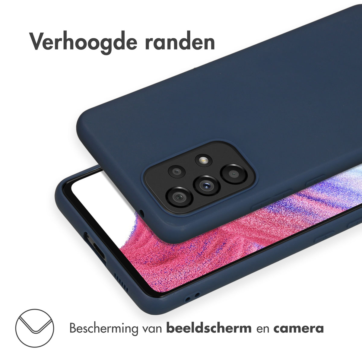 Blauwe telefoonhoes bovenop een telefoon. Het beschermt het scherm en de camera.